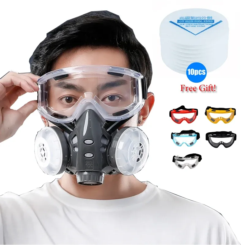  Half Face Dust Mask With Safety Goggles Dual Filters KN95 Filter Dust-proof Respirator For Carpenter Builder Polishing Work Safe 