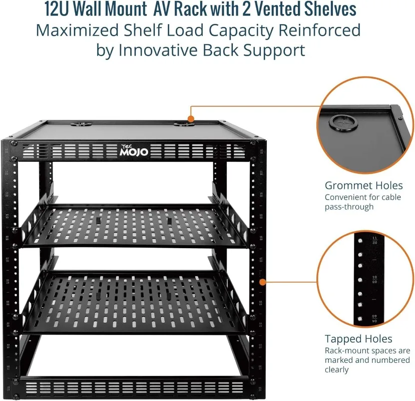 12U Open Frame Network Rack for IT & AV Gear, AV Rack Floor Standing or Wall Mounted,with 2 PCS 1U Rack Shelves & Mounting