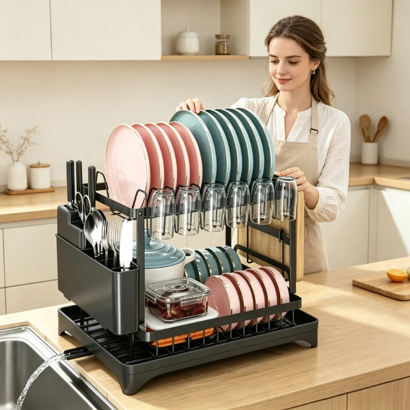 

2-Tier Metal Dish Drying Rack with Drip Tray, Kitchen Countertop Drainer Organizer for Home Kitchen Use
