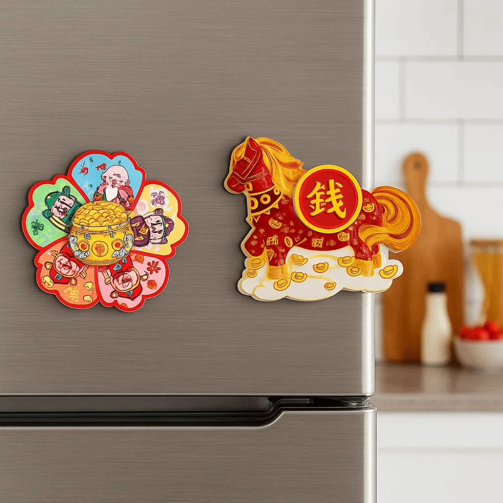 

3D Rotating Refrigerator Magnets Cartoon God of Wealth Horse Year Fridge Magnets Decorative Chinese Style Lucky Magnetic Sticker