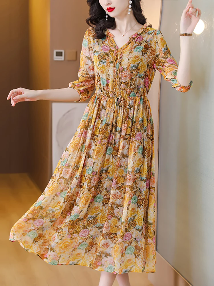 

Summer Floral Silk Chic Ruffled V-Neck Long Dress Women Boho Fashion Luxury Party Dress 2024 Korean Elegant Casual Evening Dress