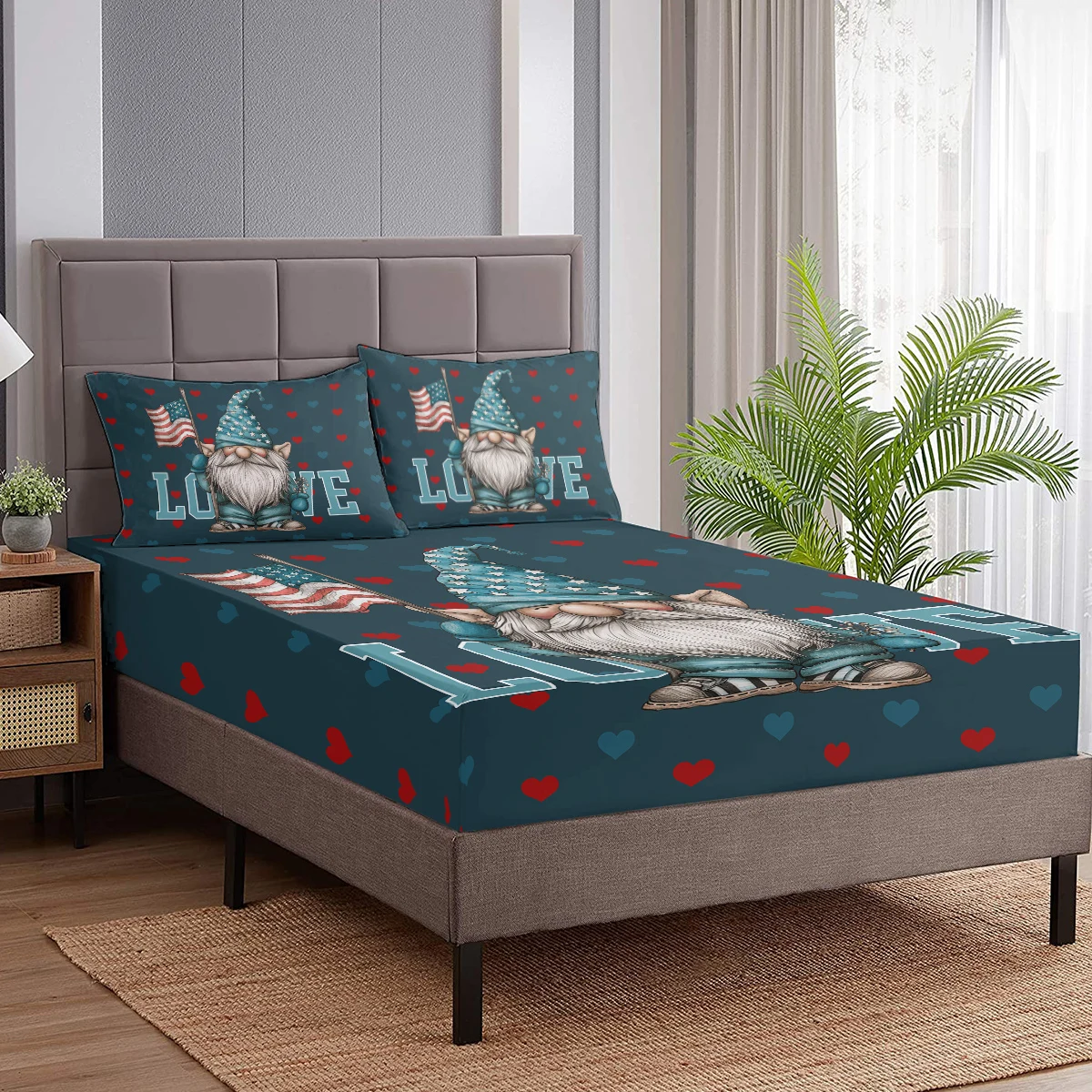 Set di lenzuola con motivo bandiera americana cappello blu stelle Set di lenzuola comode e traspiranti con stampa di barba bianca per uomo anziano 3 pezzi