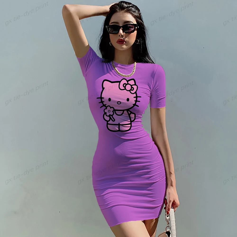 Hello Kitty Print Summer Dress Sexy O Neck Casual Close Fitting Off Shoulder Short Bodycon Stretchy 2023 Dress Women