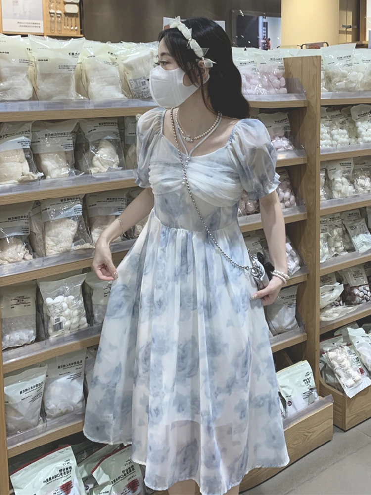 Floral Print  Dress Women's Summer A-Line Skirt Waist-Cinching Sweet Fairy Gentle First Love Dress Girl's Sensation