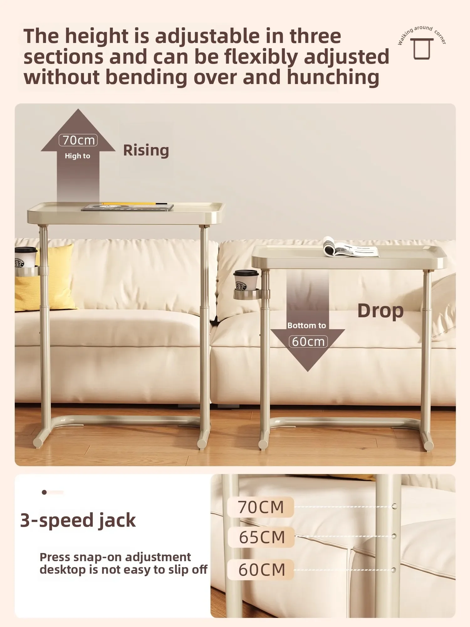 Adjustable Height Mobile Desk with Magnetic Office Table, Perfect for Bedroom, Sofa Side