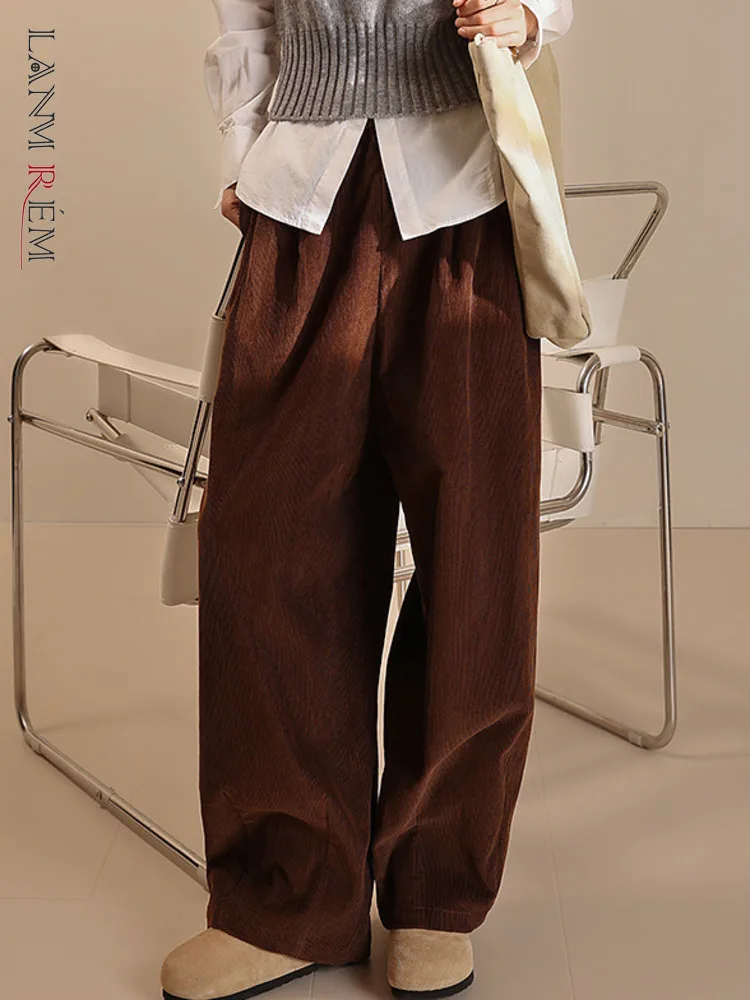 

[LANMREM] Casual Corduroy Pants For Women Elastic High Waist Wide Leg Trousers Minimalism Female Clothes 2025 Spring New 26C1623