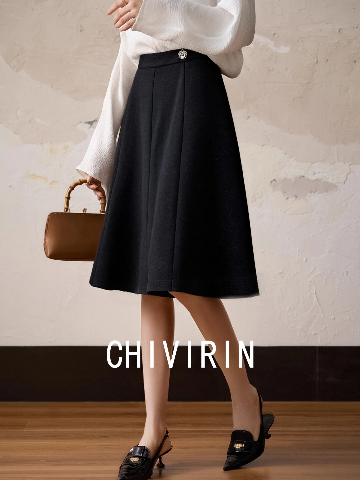 

Шерстяная юбка А-силуэта Chivirin с высокой талией, расклешенная, черная, женская, осенне-зимняя, утягивающая, дышащая, приятная к телу