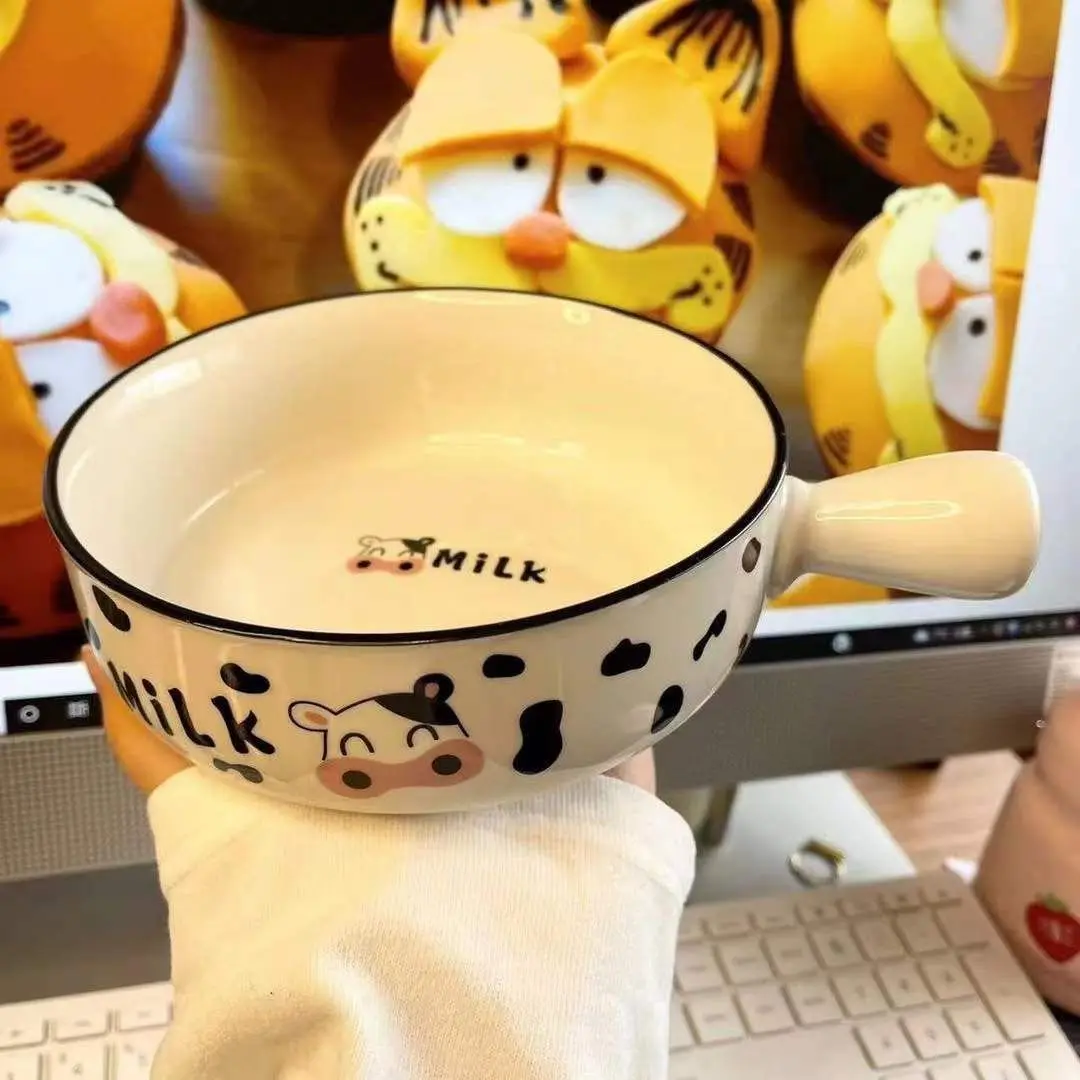 home-use-ceramic-bowl-with-cow-handle-cartoon-design-cute-spoon-dinnerware-set-microwave-safe-biodegradable-tableware