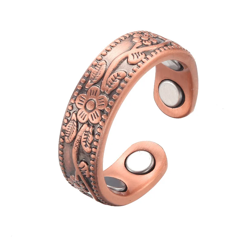 Red Copper Magnetic Ring 7MM Plum Blossom Engraved Magnetic Fat Burning Anti-fatigue Open Rings