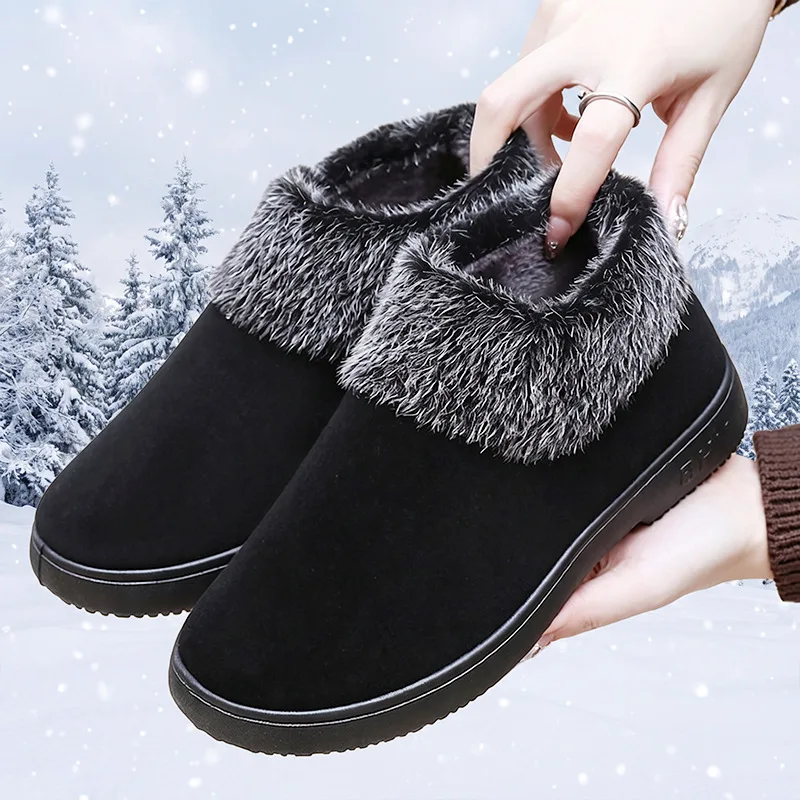 Women Winter Short Snow Boots Fuzzy Collar Velvet Upper Thick Plush Lined Slip‑On Warm Non‑Slip PVC Sole Ankle Boots