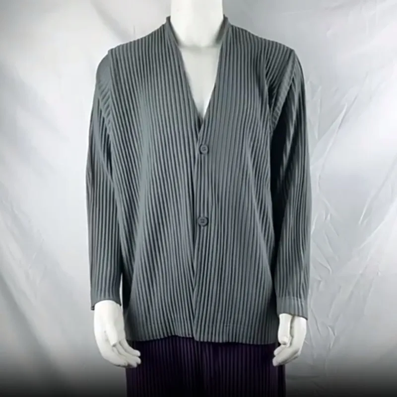 

Miyake плиссированная мужская куртка с v-образным вырезом, повседневная модная осенняя блузка, куртка, кардиган с длинными рукавами, простая деловая одежда для поездок на работу