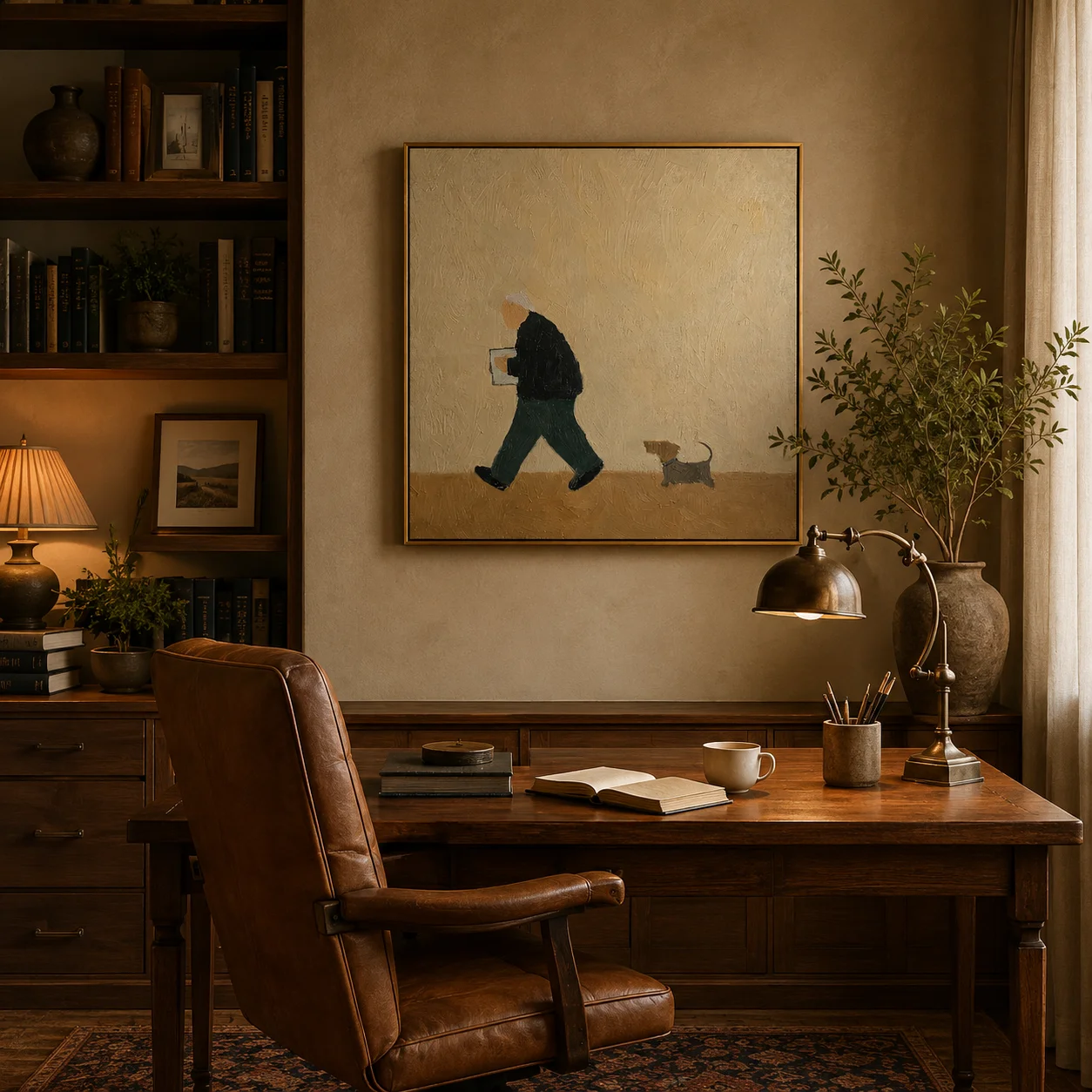 The Evening Reader – Quiet Beige Folk Man & Dog Portrait Painting | Minimalist Square Entryway Art for Bedroom, Living Room view 3