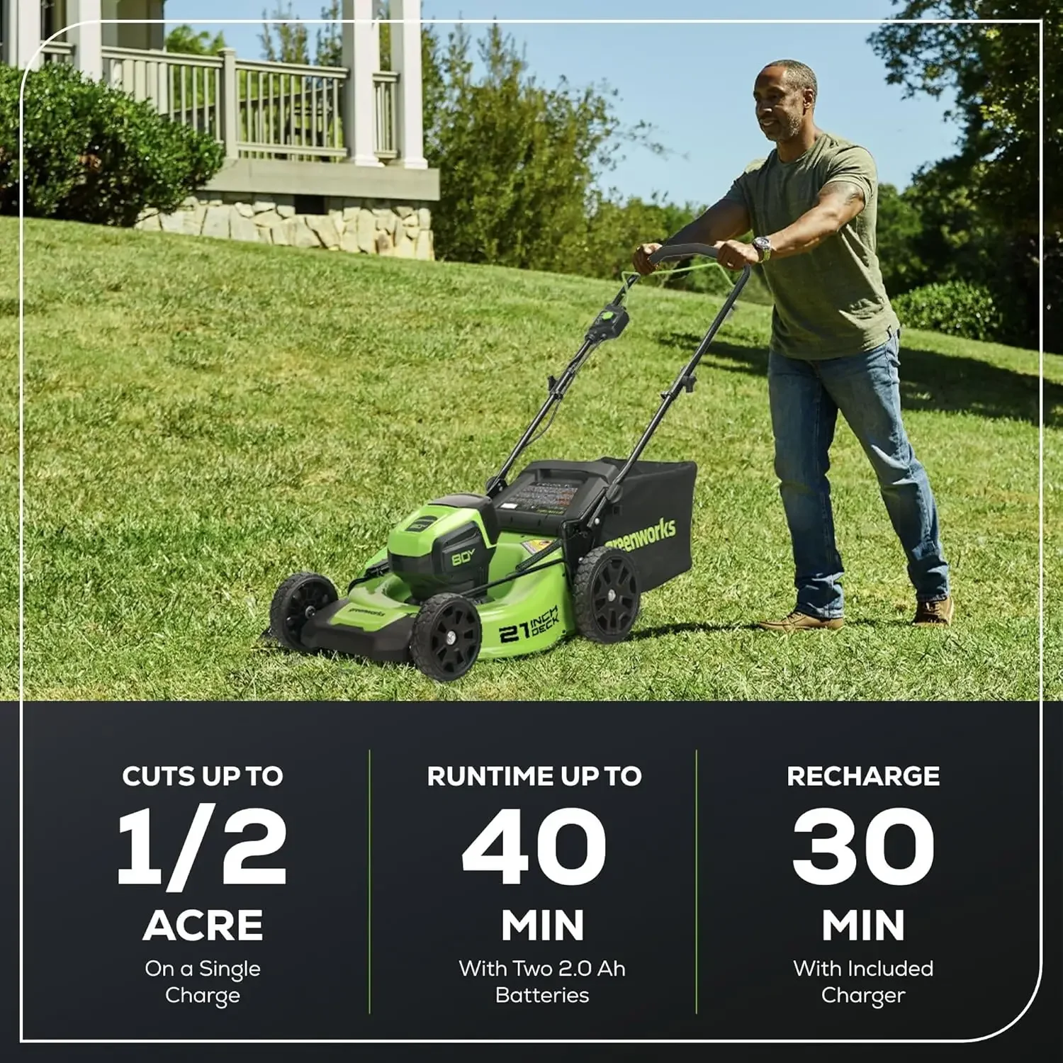 Cortacésped inalámbrico (empuje) Greenworks de 80 V y 21 pulgadas (más de herramientas compatibles con 75), (2) baterías de 2,0 Ah y cargador rápido de 30 minutos