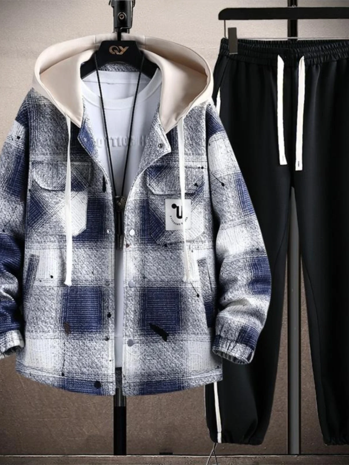 

Комплект из толстовки с капюшоном и брюк свободного кроя для подростков и мужчин больших размеров, осенний повседневный спортивный костюм из двух предметов, полиэстер