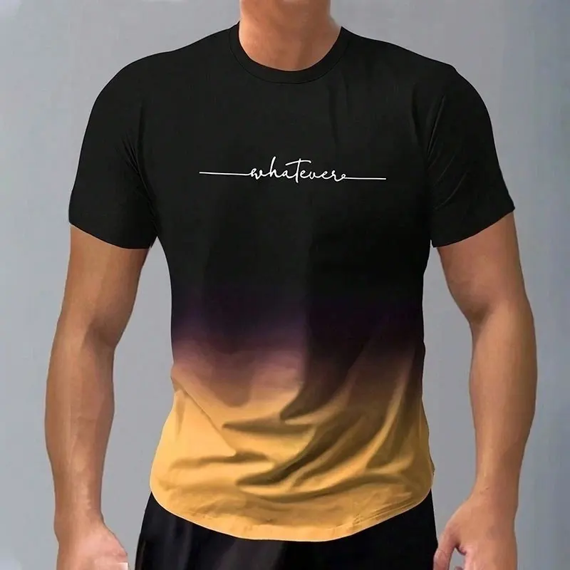 Casual Men\'s Trendy Short-Sleeved Gradient Letter Printed Round Neck T-Shirt Clothing Spring And Autumn Fitness Sports Tops