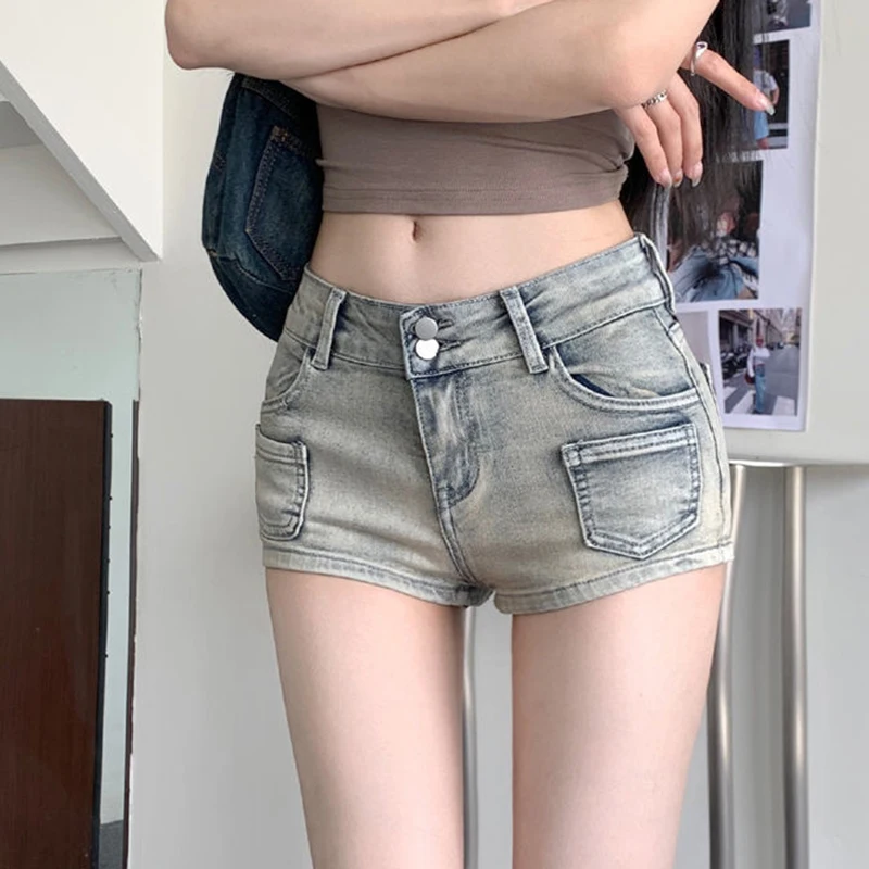 Frauen Koreanische Retro Y2k Shorts Hosen Dame Vintage High Street Hot Hosen Weibliche Blau Niedrigen Taille Elastische Gewickelt Hüfte Kurze Jeans – Detail 8