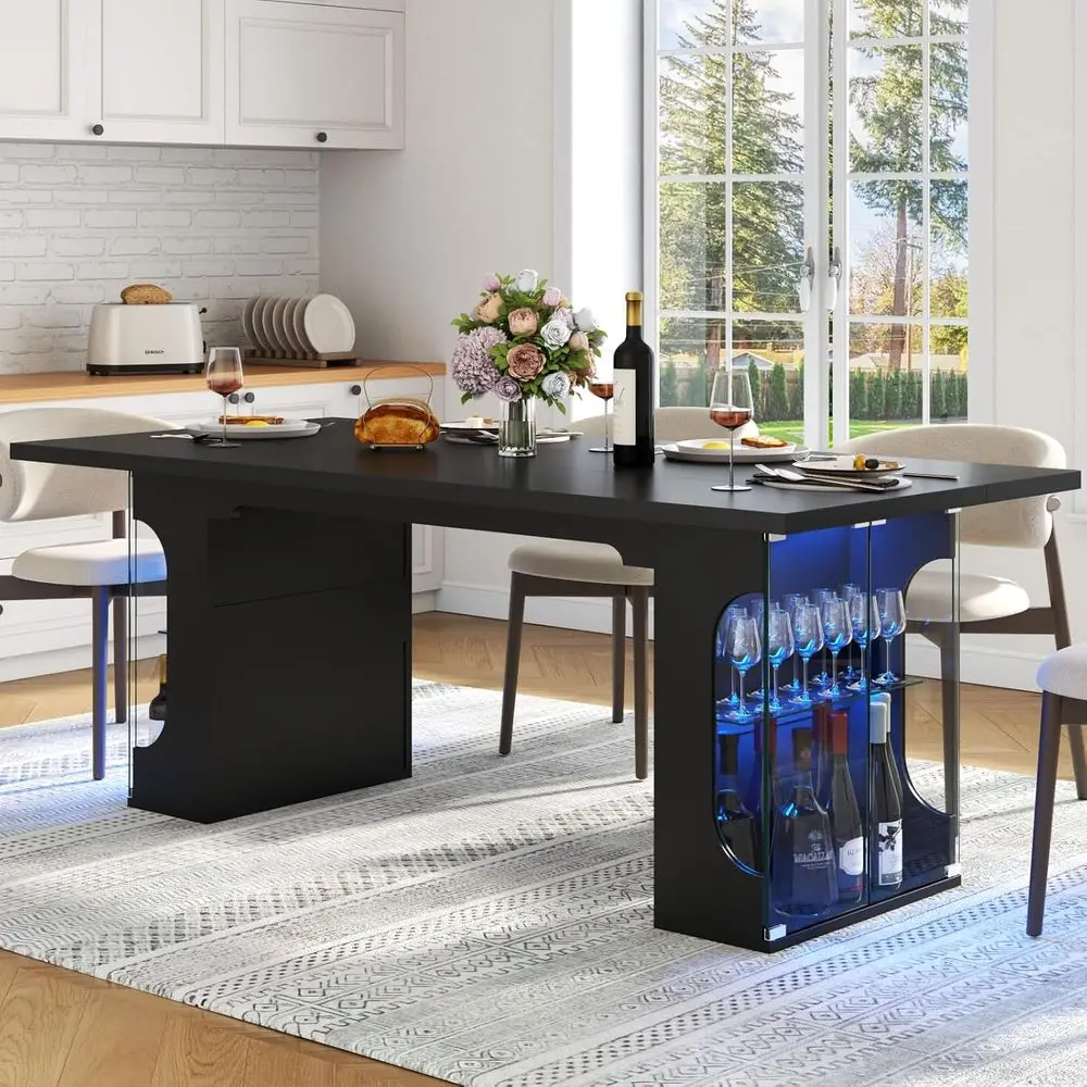 Large 70.8 Black Dining Table with Glass Cabinet and LED Lights, Seats 4-8, Modern Kitchen or Living Room