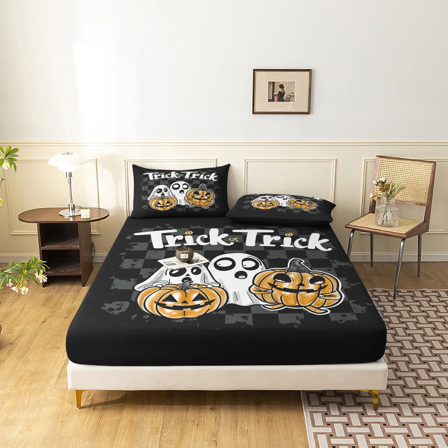 3Pcs Retro Grunge Trick Or Treat Halloween Print Fitted Sheet Set, Black Gray Worn Checkered Ghost Pumpkin Print Bedding
