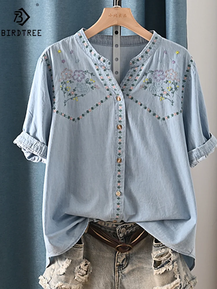 New Spring Cotton Denim Sweet Shirt Women Short Sleeve V Neck Embroidery Tops Girl Loose OL Casual Blouses 2024 Summer T45605QM