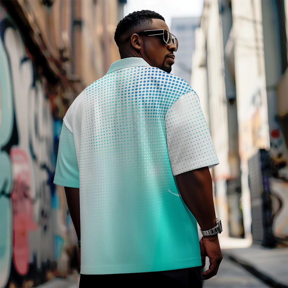 

Large men's summer short sleeved lapel Light gradient polka dot printed short sleeve shirt Daily casual button polo shirt