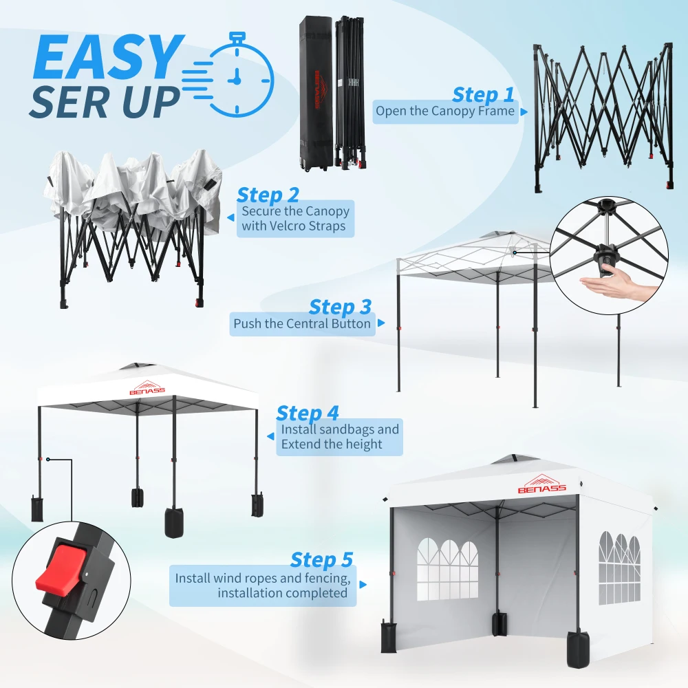 10x10 Pop Up Canopy พร้อมผนังด้านข้าง,Easy Up Canopy เต็นท์,Heavy Duty เต็นท์สําหรับงานปาร์ตี้, one Person ชุดเต็นท์กิจกรรม,สีขาว