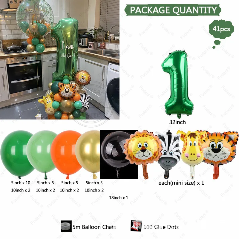1set Carton Animal Balloons Tower 32inch Green Gold Number 1-9 Balloon For Kids Jungle Safari Wild One Birthday Party Decoration view 3