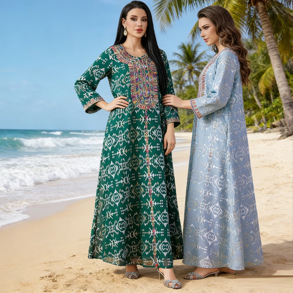 

Женское мусульманское макси-платье с вышивкой: Джеллаба, Джалабия, Абайя, Кафтан, Кебая, Марокканское платье, Дубай, Турция