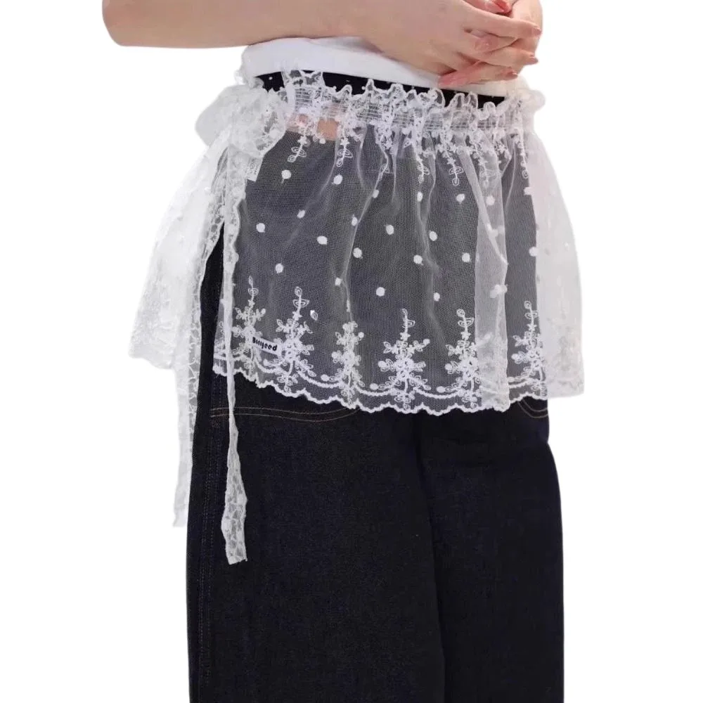 

French Lacing Lace Mini Skirt Irregular Hemline Embroidery Lace Up Ruffles Skirt Y2K Streetwear Harajuku Ruched Skirts
