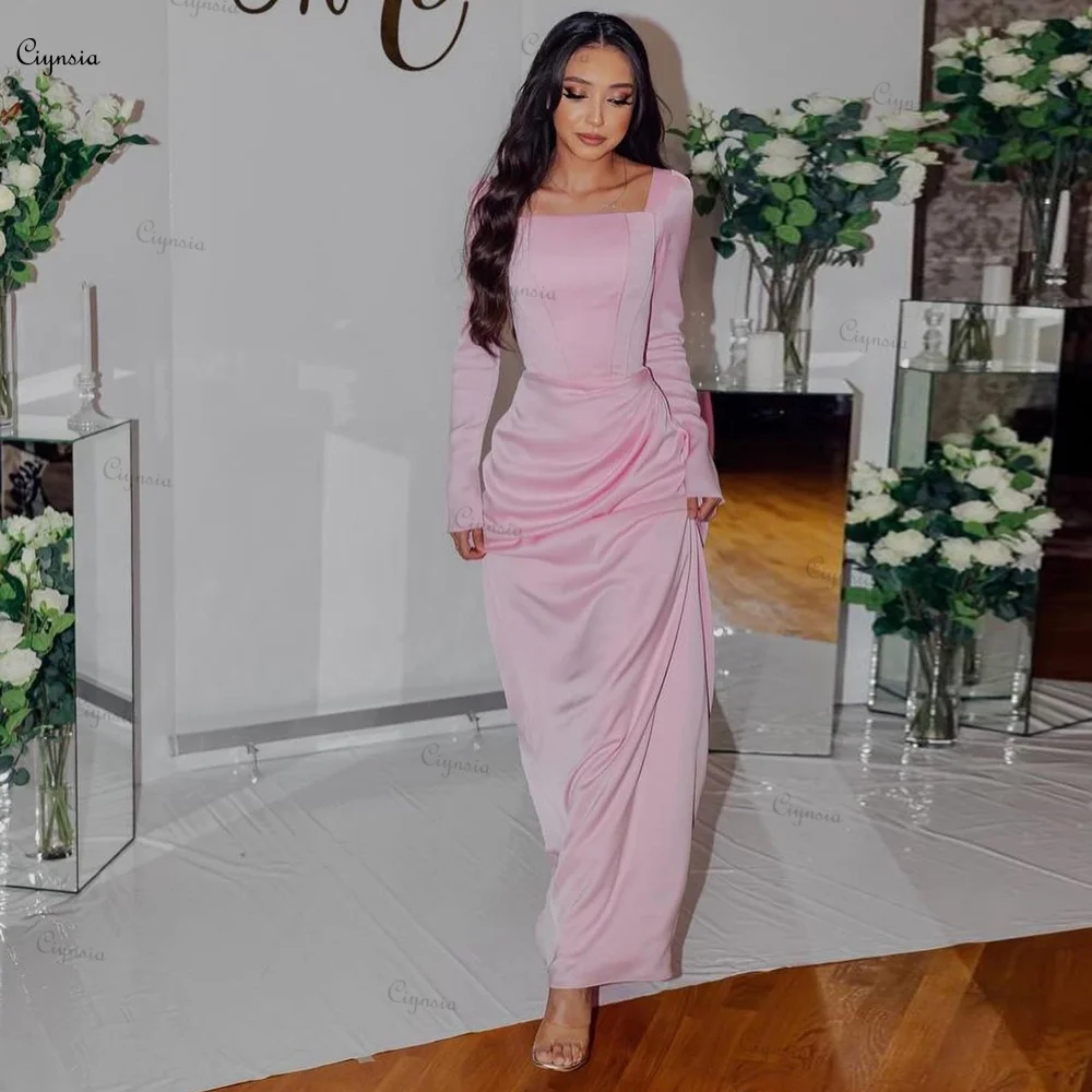 

Ciynsia Elegant Arabic Evening Dress Wedding Guest Dresses for Women Pink Long Sleeve Formal Gowns Mermaid فساتين مناسبة رسمية