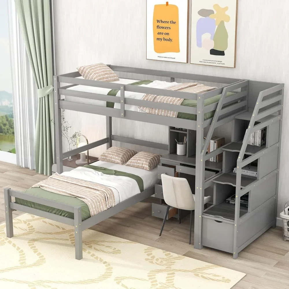 Cama Loft de tamaño completo con escritorio en forma de L, estantes, cajones de dos niveles y escalera de almacenamiento para dormitorio escolar