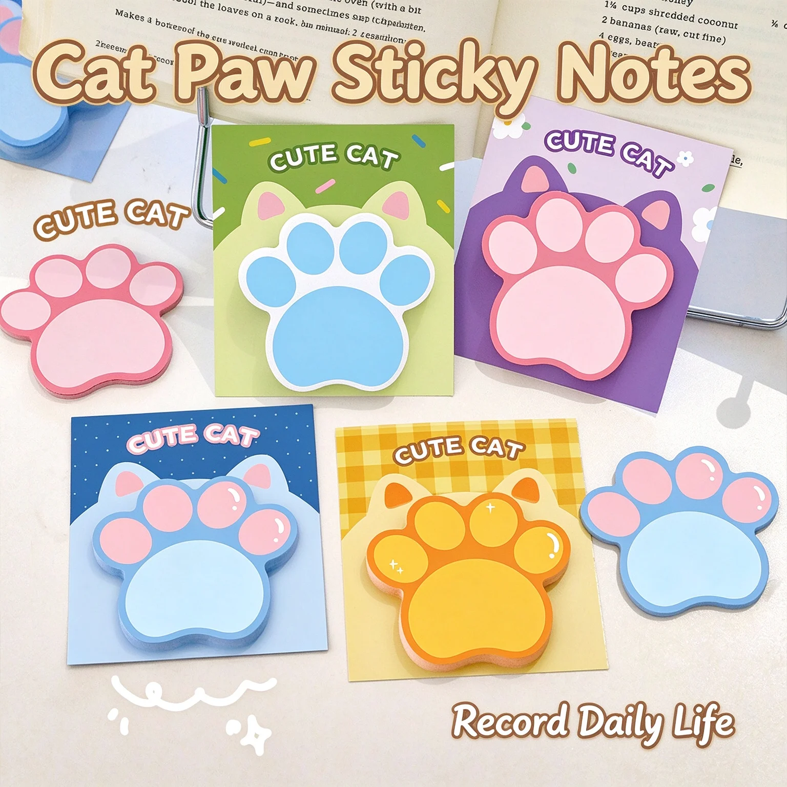 Cute Cat Paw Shaped Sticky Notes 2 Pack Random Style Kawaii Self Adhesive Memo Pad for Notebook Journal School Office Stationery