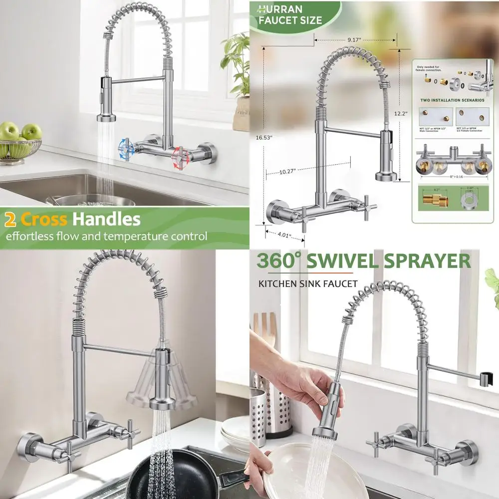 8 Torneira de montagem em parede com pulverizador pull-down de 2 alças em níquel escovado para cozinha e lavanderia