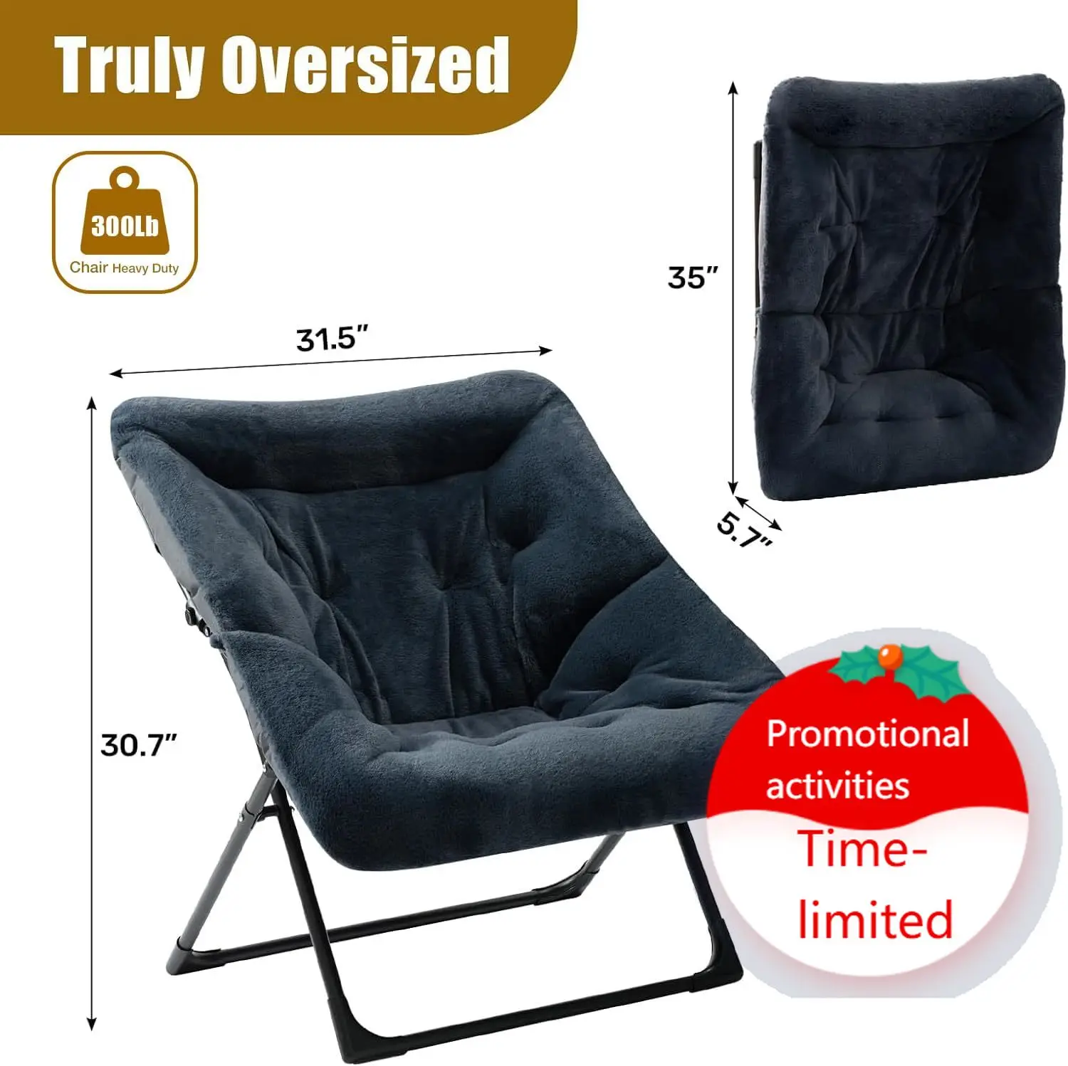 

X-Large Saucer Chair, Comfy Oversized Folding Chair, Faux-Fur Reading Chair for Teens, Adults, Foldable Accent Lazy Chair, Metal