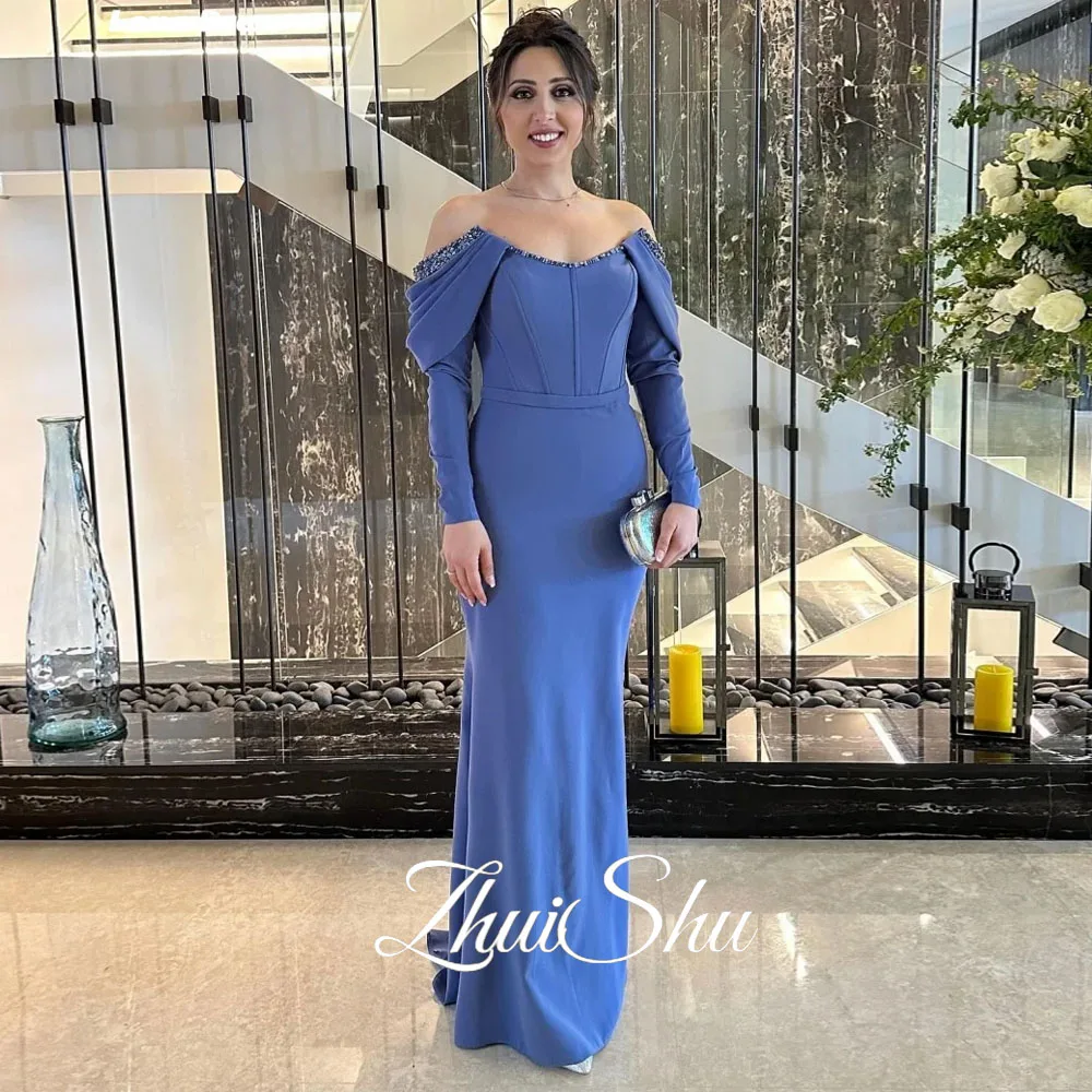 

ZHUISHU Off-shoulder Women Evening Gown Saudi 3/4 Sleeves Formal Event Dresses Woman Elegant Luxury Dresses for Party Blue