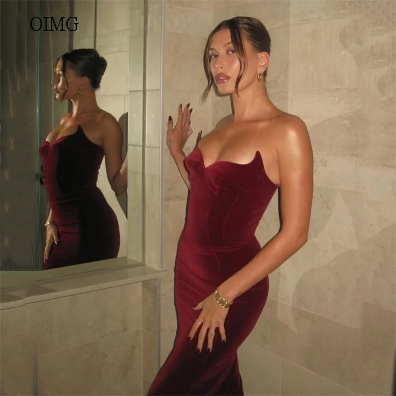 

OIMG Burgundy Strapless Mermaid Prom Gowns Backless Velvet Party Gown Floor Length Evening Dress ערב שמלות Customized