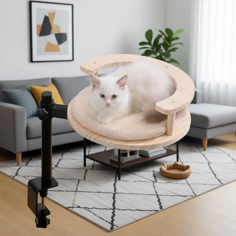 

Cat Desk Bed with Adjustable Height & 360° Rotation, Wooden Desk Kitty Nest for Home or Office, 14 Diameter (Light Oak)