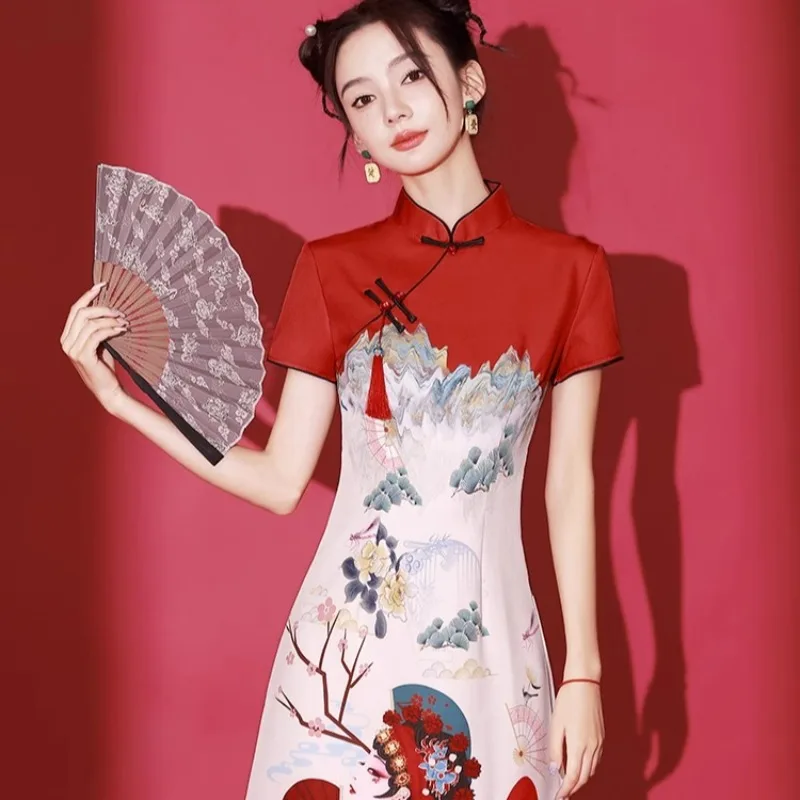 

Red Cheongsam Traditional Chinese Costume Long Dress Qipao Gown Elegant Clothes for Women New Year Festival Party