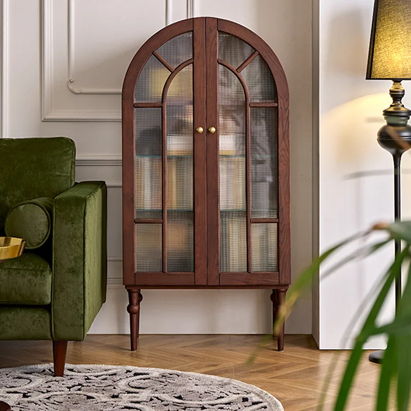 

French retro solid wood children's bookcase floor-to-ceiling bookshelf living room light luxury arched display cabinet dining si