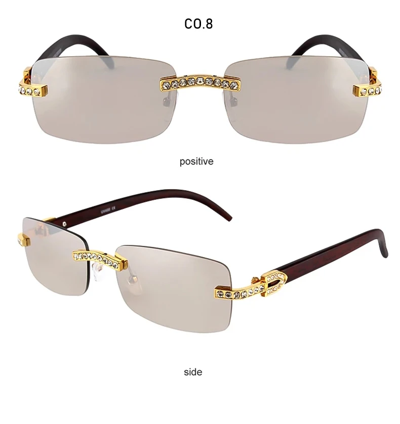 Kenbo Vintage randlose Rechteck Sonnenbrille für Frauen Männer Luxus Brille Mode Kristall Holz Brillen Sonnenbrillen uv400 – Detail 16