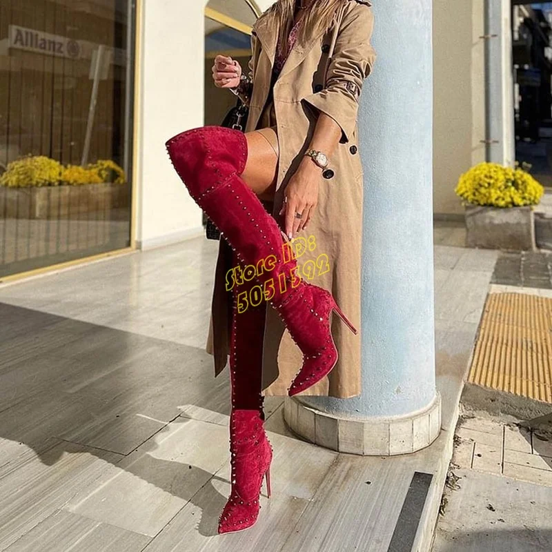 Red Pointed Toe Studded Thigh High Boots Over The Knee Stiletto Thin High Heel Fashion 2024 Winter Autumn Women Dress Shoes