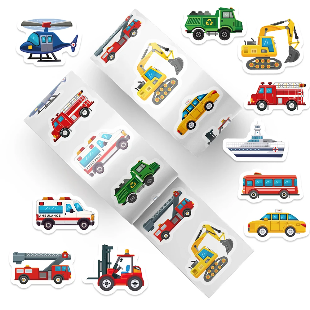 500pcs/Roll Cute Truck Construction Vehicle Cartoon Seal Stickers Teacher Reward Student Sticker Gifts Laptop Decoration Decals