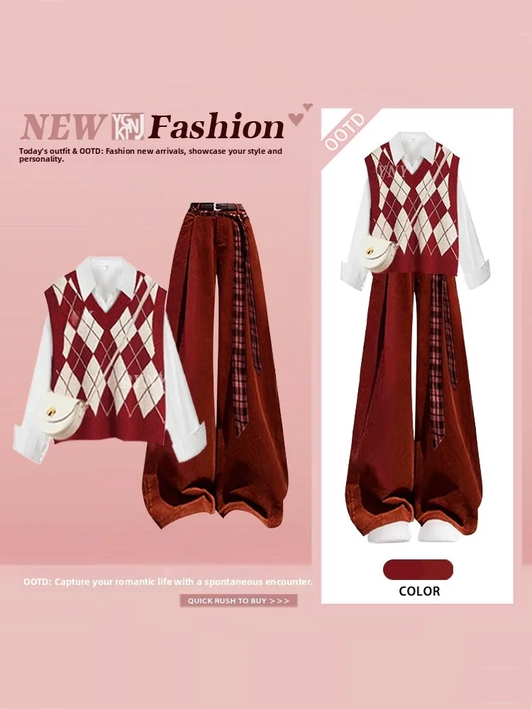 

Retro Knitted Vest irt Wide Leg Pants Set Women's Red New Year Aosphere Clothing Diamond Pattern Casual Sle Tee Piece...