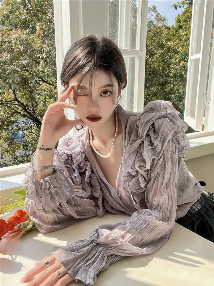 

Women Vintage V Neck Ribbon Blouse 2022 New Female Spring Summer Single Breasted Ruffles Full Sleeve Shirts Elegant Tops