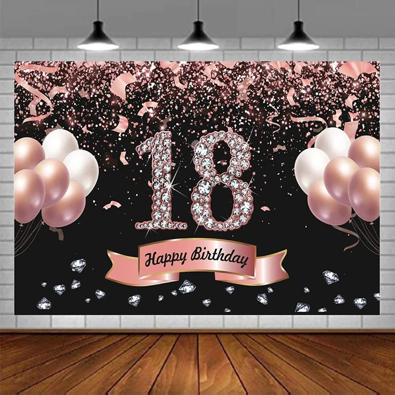 Cenário de fotografia para meninas, feliz 18th Birthday Party Supplies, Decorações de fundo Banner, Rose Gold Banner, Suprimentos