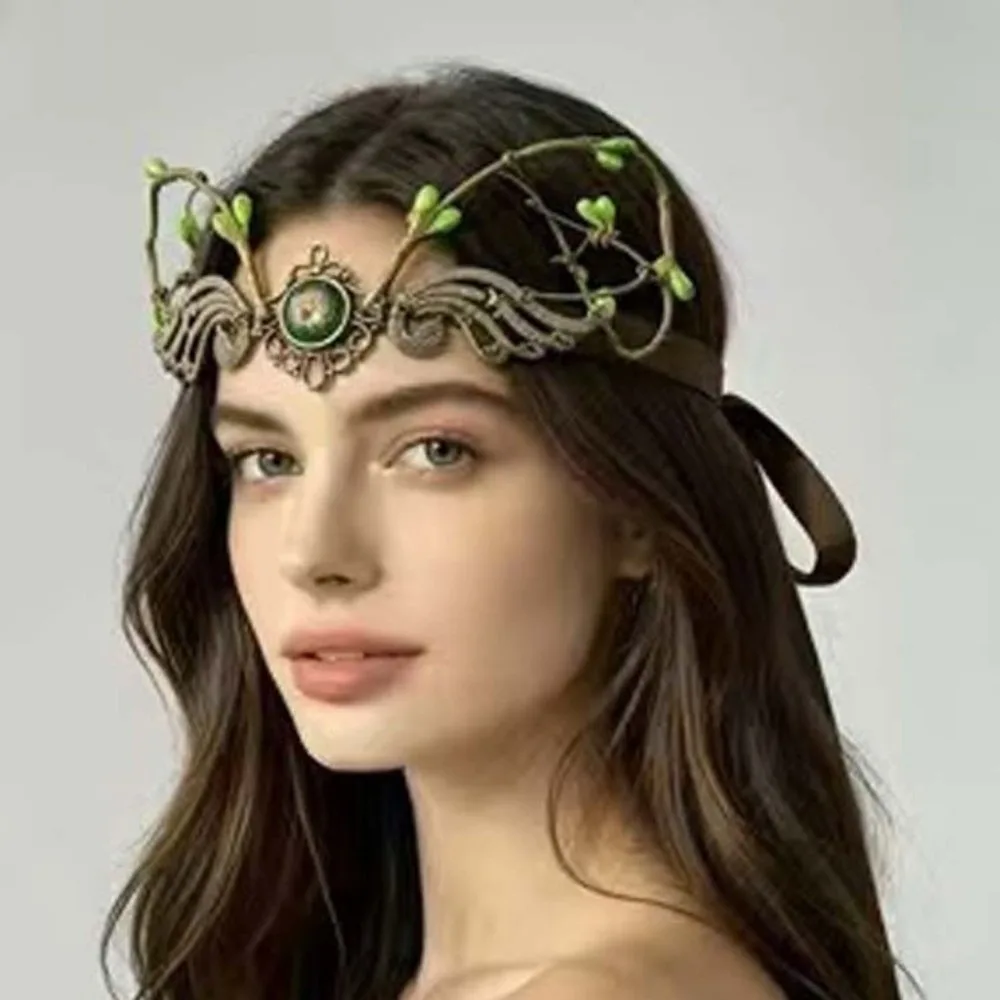 Flower Vine Elven Crown Fantasy Rhinestone Decorated Elf Tiara Head Band Simulate Tree Leaves Fairy Headpiece Hallowmas Cosplay
