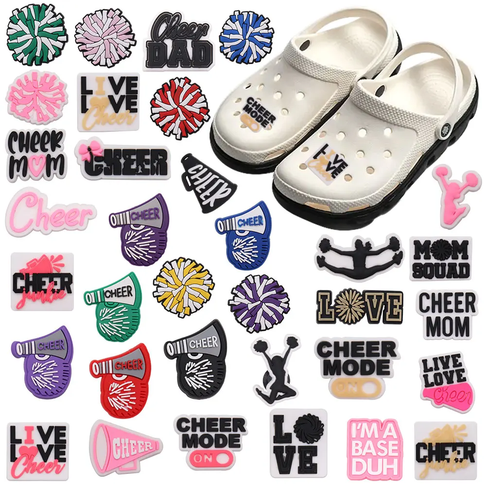 Mix 50PCS PVC Shoe Charms Live Love Cheer Mode On Cheerleader Speaker Dad Mom Sandals Shoes Decoration Accessories For Clogs Pin