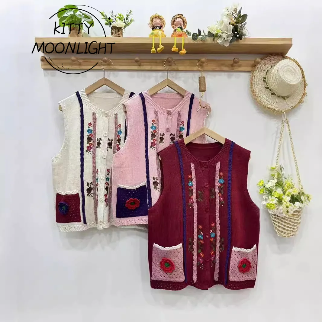 Vintage Flower Knitted Japan Style Mori Girl Sweet Embroidery Vest Women O-Neck Sleeveless Sweater Single Breasted Knitwear Tops