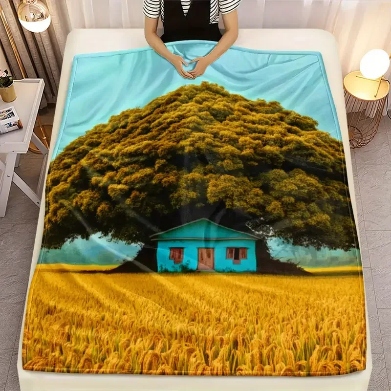 بطانية الفانيلا بتصميم البيت الأزرق والقمح الذهبي - خفيفة الوزن ودافئة للأريكة والسفر والسرير والمكتب - عيد الهالوين