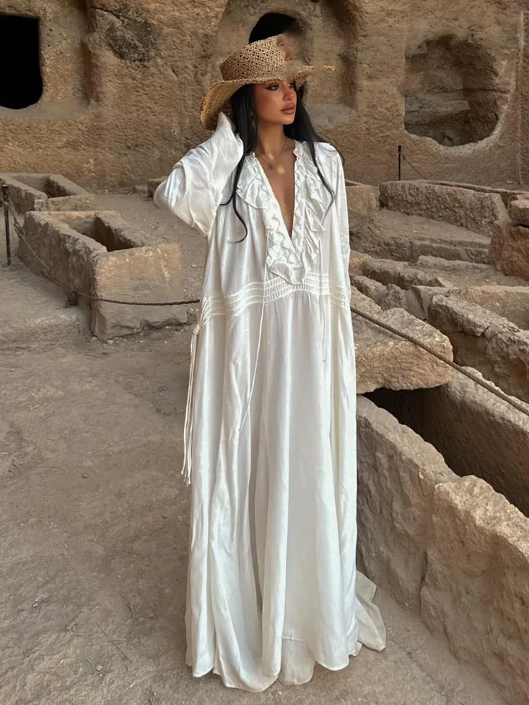 HH Zomer Mode Vrouwen Jurken Witte V-hals Lange Mouwen Volants Rand Lace-Up Decoratie Vrouwelijke Strand Stijl Lange Jurk