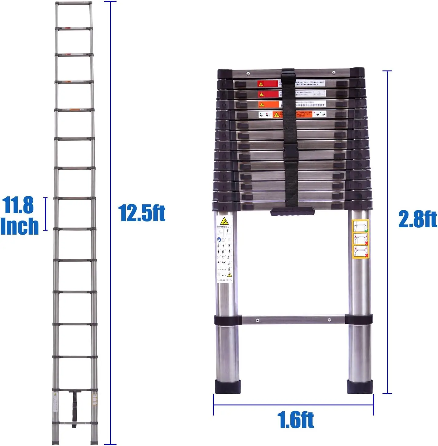 12.5ft Telescoping Ladder Stainless Steel Construction Portable Folding Extension Ladder for Home Office RV Attic Building